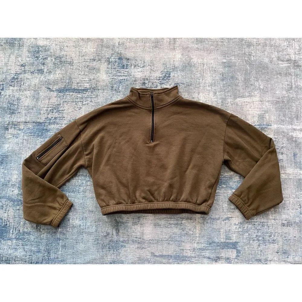 Forever 21 Olive Brown Green Half Zip Mock Neckline Cropped Sweatshirt Large